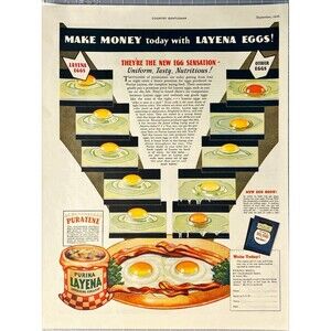 Purina Layena Poultry Chow "Make Mone today with Layena Eggs!" Vtg Print Ad '36